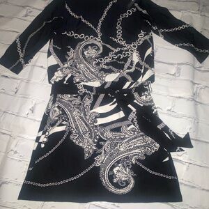 White House Black Market Black and White Paisley Chain-Print Long Sleeve Dress
